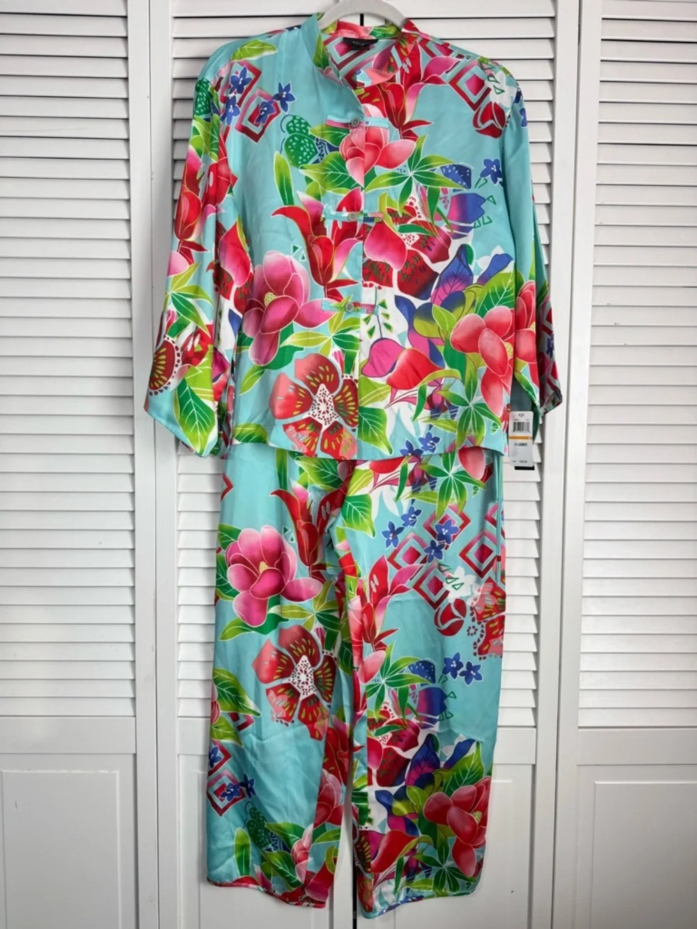 Natori Satin Floral Mandarin Neck Pajama Set Sleep Blue Pink Luxury Small NWT